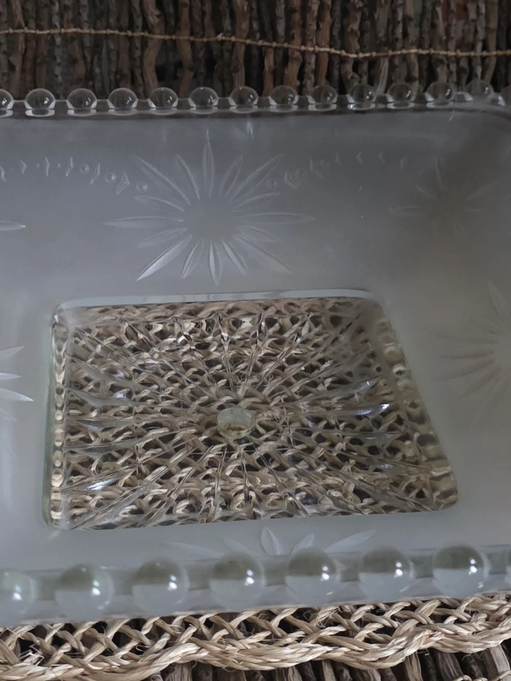 Vintage Frosted Glass Light Shade with Starburst Motif - Clear/White